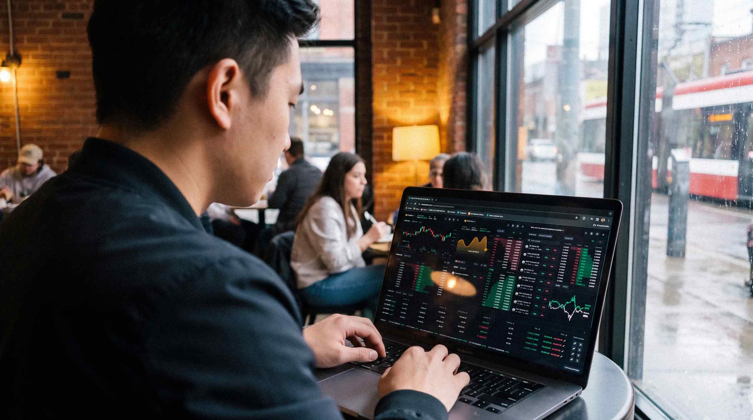 A man looking at a trading interface on his laptop.